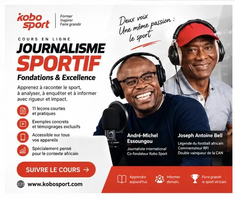 Visuel du cours Journalisme sportif : André-Michel Essoungou et Joseph-Antoine Bell au micro